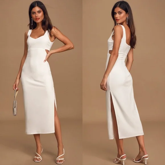 NEW LULUS Captivate My Soul WHITE Cutout BODYCON Stretchy COCKTAIL Midi DRESS S - Picture 1 of 16